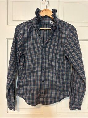 KMJ Kate McHale Jensen Ruffle Collar Plaid Button Down Shirt size small